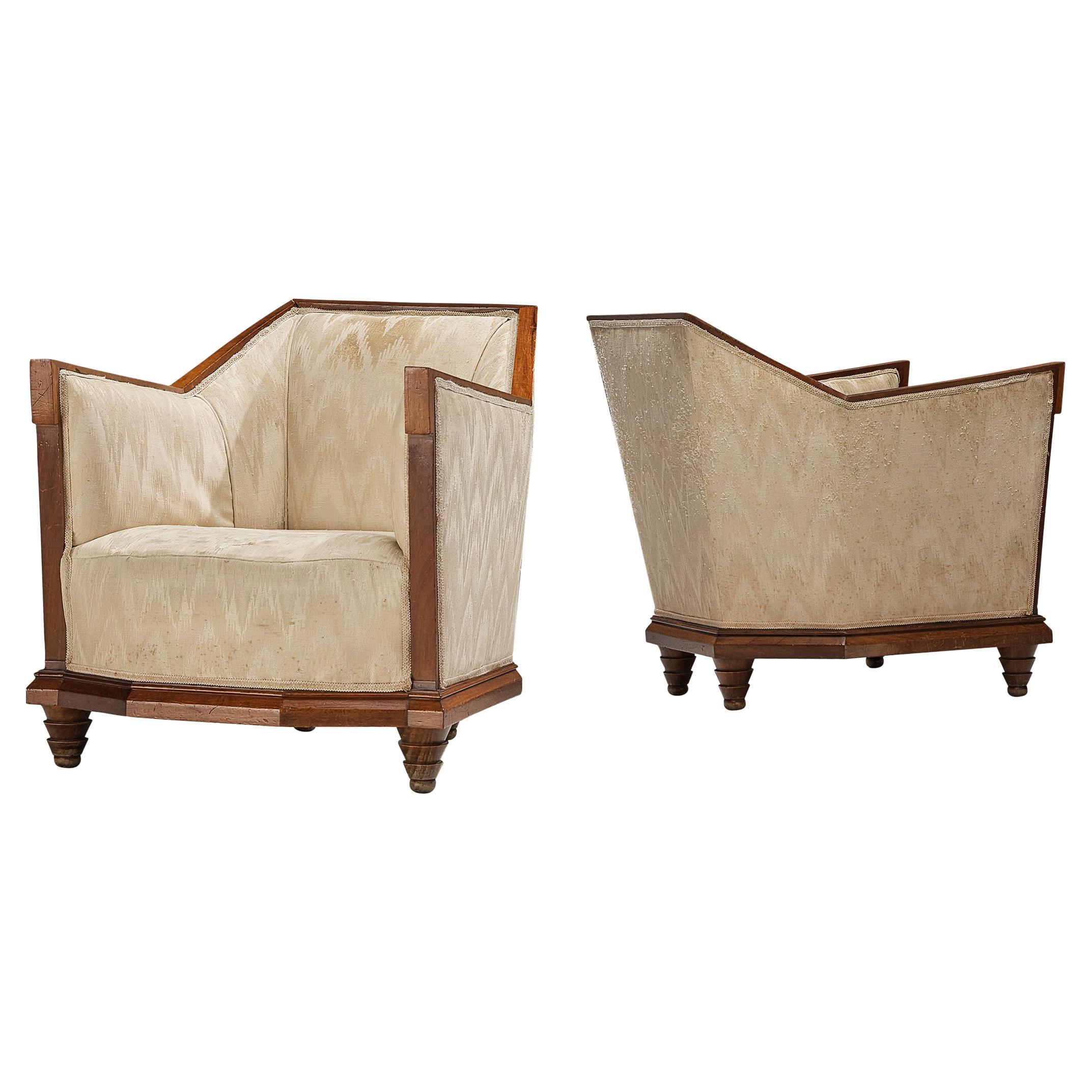 Italian Pair of Art Deco Lounge Chairs in Walnut and Silk  For Sale
