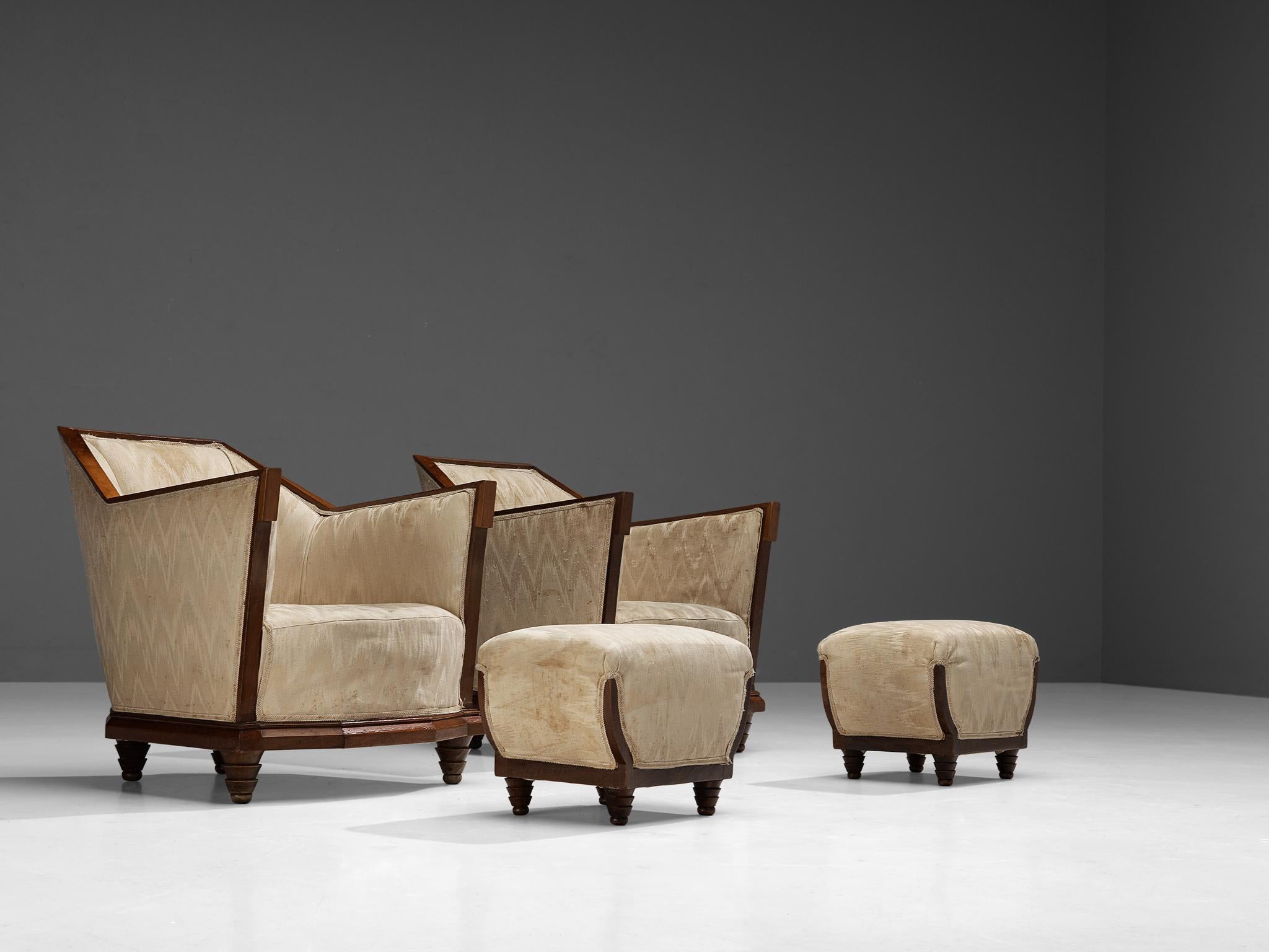 Italian Pair of Art Deco Lounge Chairs with Ottomans in Walnut and Silk 7
