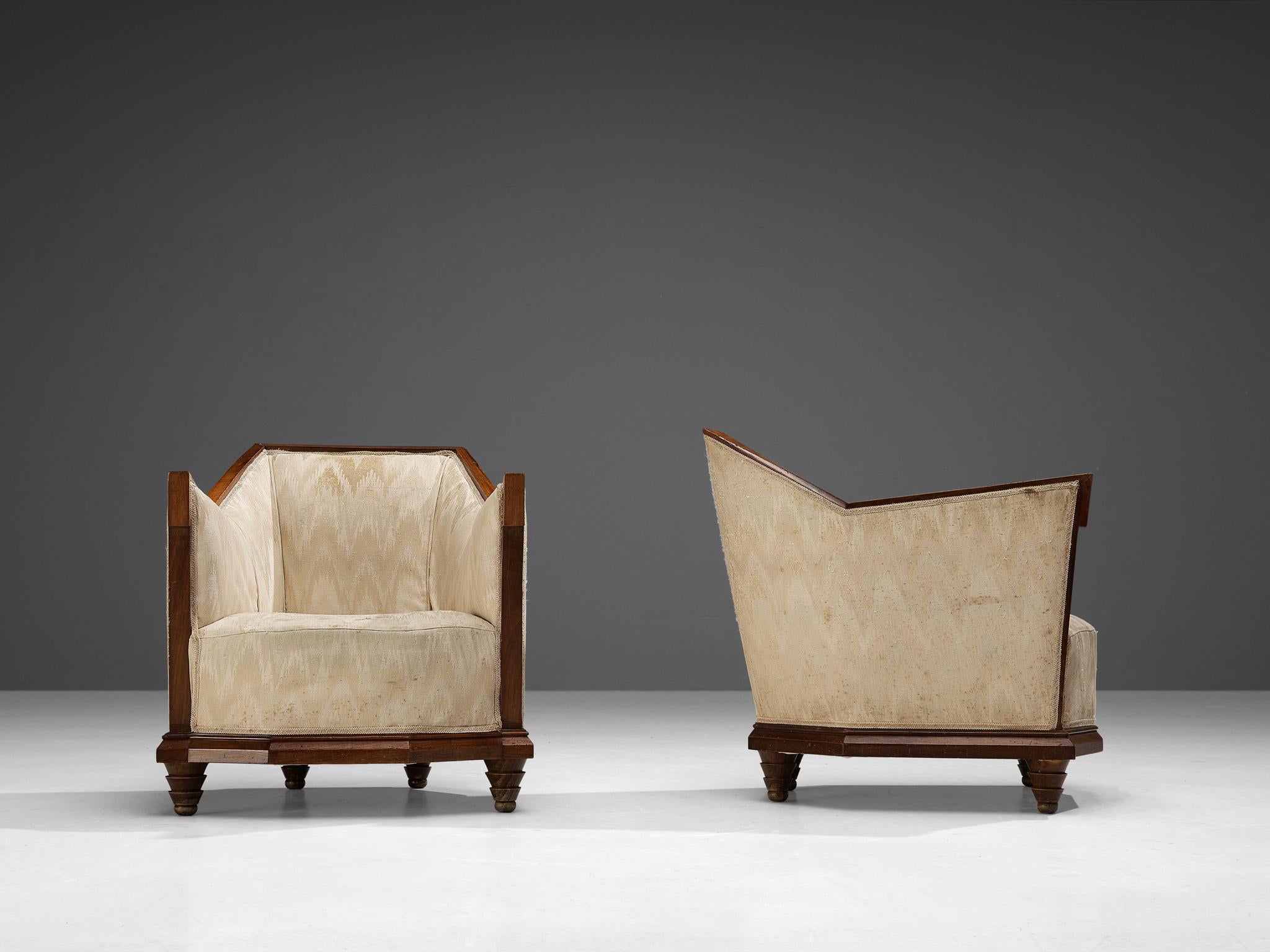 Italian Pair of Art Deco Lounge Chairs with Ottomans in Walnut and Silk For Sale 8
