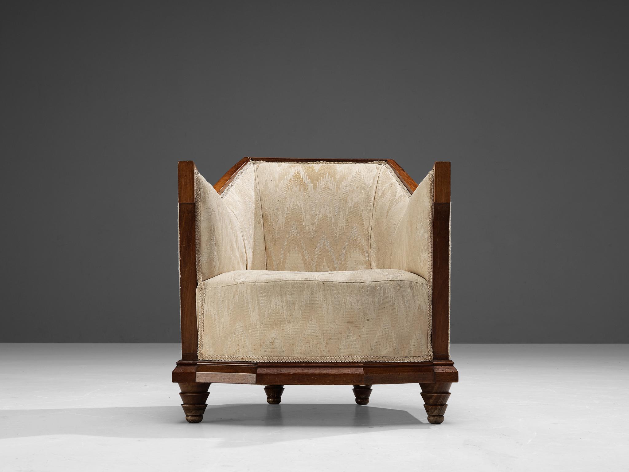 Mid-20th Century Italian Pair of Art Deco Lounge Chairs with Ottomans in Walnut and Silk