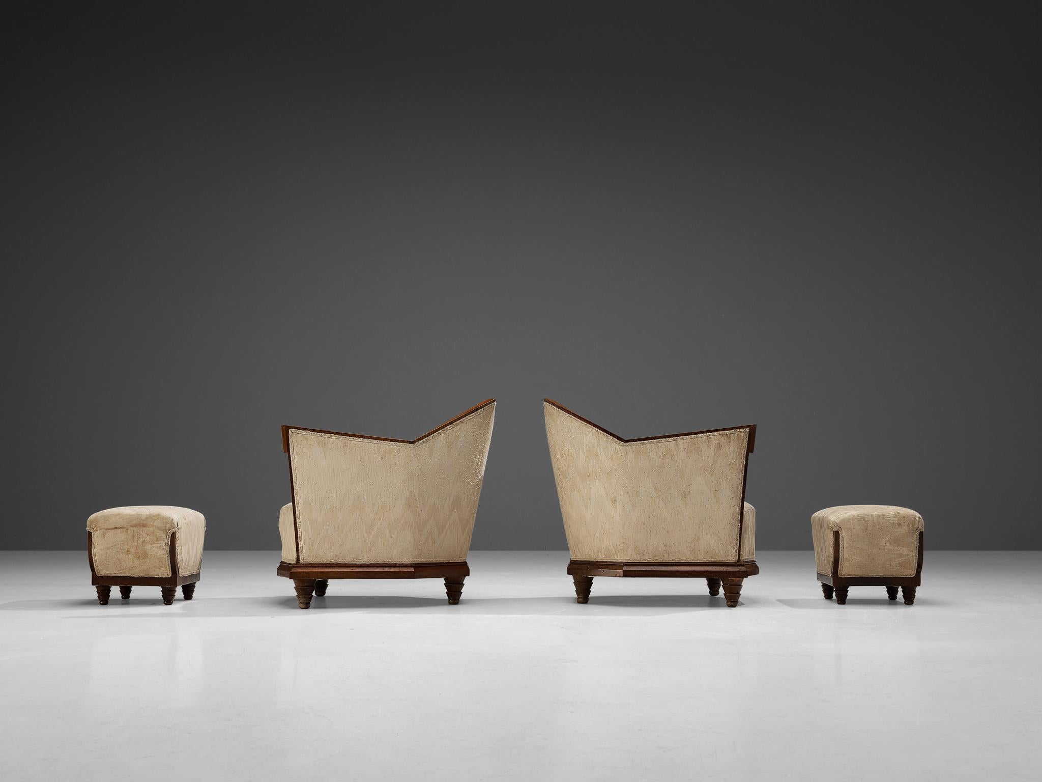 Italian Pair of Art Deco Lounge Chairs with Ottomans in Walnut and Silk 1