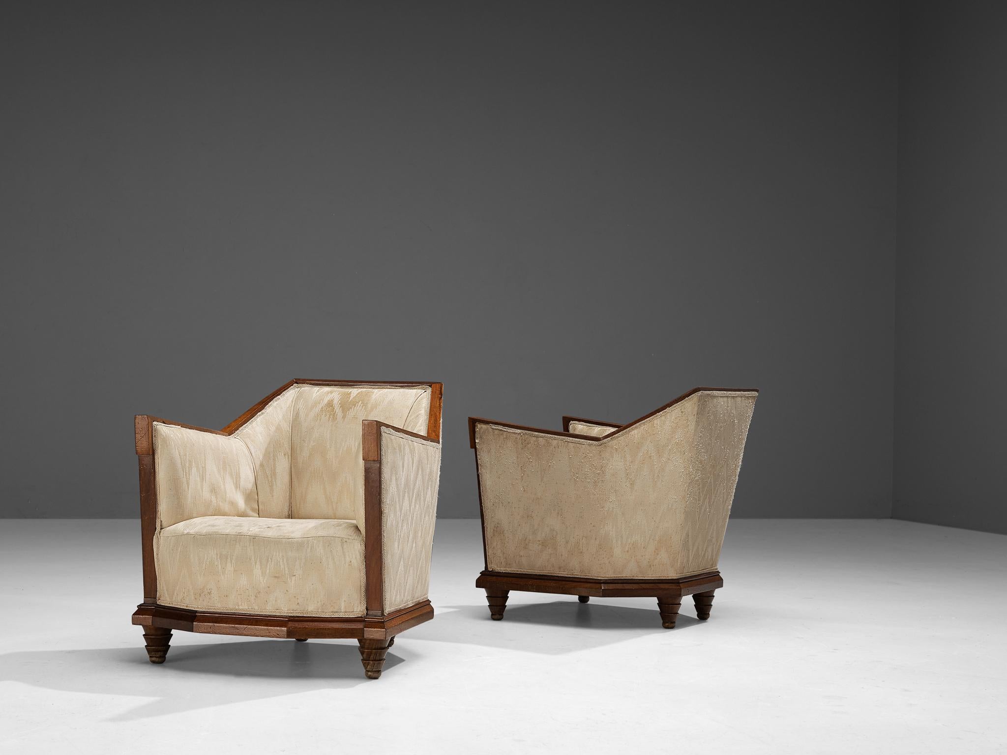 Italian Pair of Art Deco Lounge Chairs with Ottomans in Walnut and Silk 5