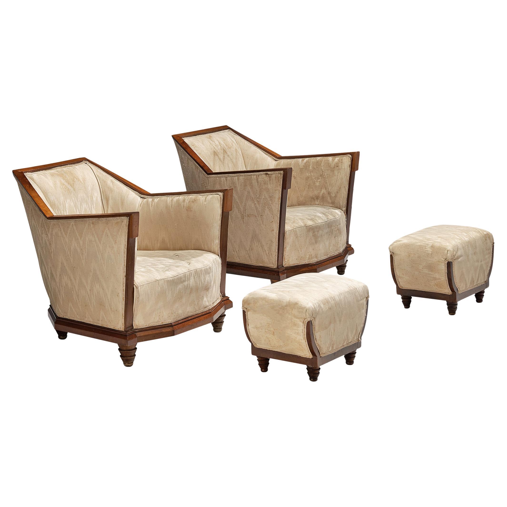 Italian Pair of Art Deco Lounge Chairs with Ottomans in Walnut and Silk