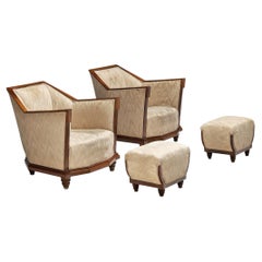 Vintage Italian Pair of Art Deco Lounge Chairs with Ottomans in Walnut and Silk