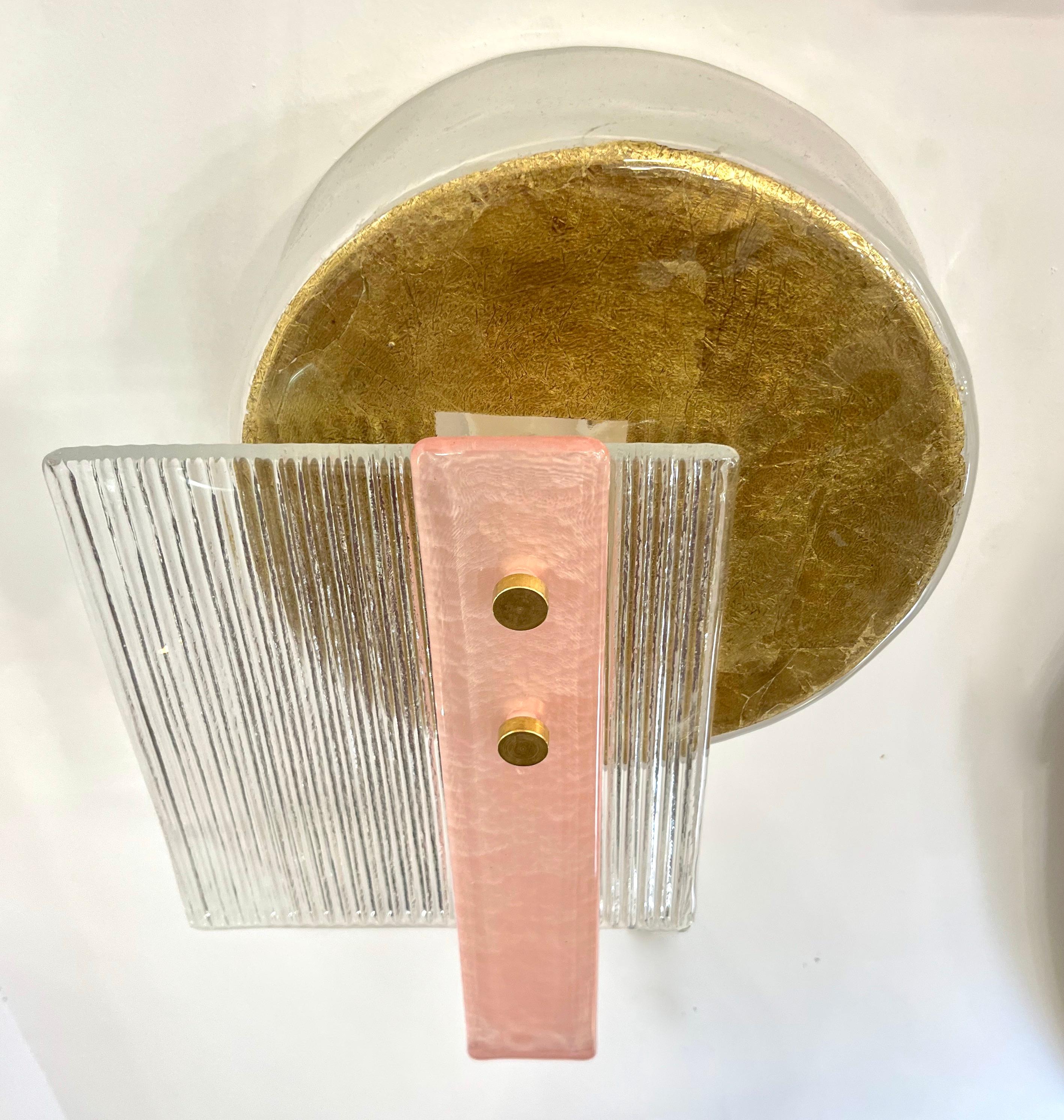 Coppia italiana di lampade in vetro di Murano in stile Art Déco con texture oro rosa e cristallo in vendita 2