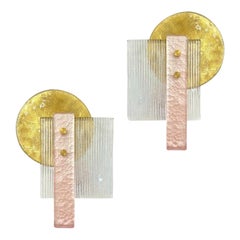Coppia italiana di lampade in vetro di Murano in stile Art Déco con texture oro rosa e cristallo