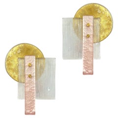 Coppia italiana di lampade in vetro di Murano in stile Art Déco con texture oro rosa e cristallo