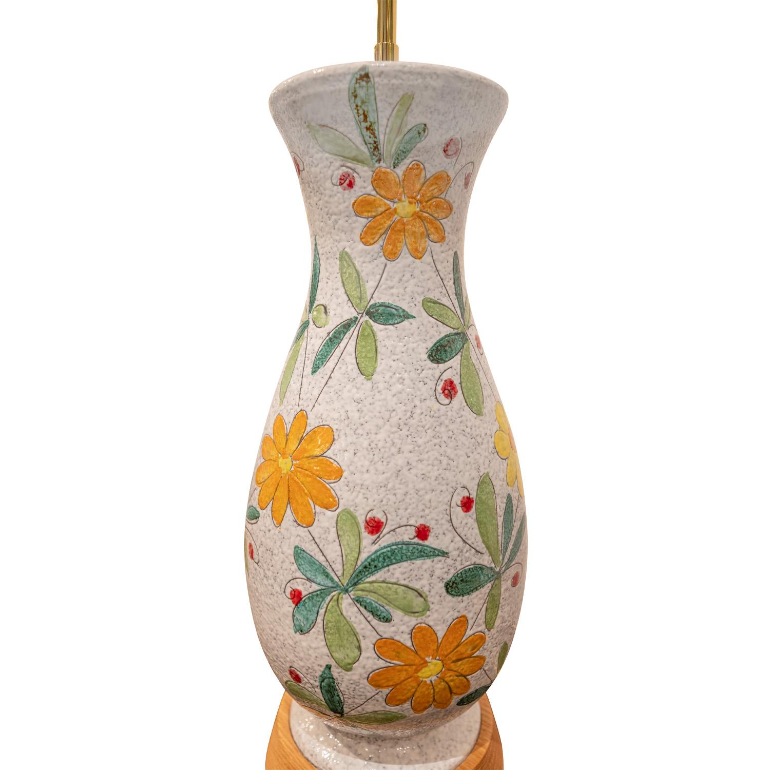 Hand-Crafted Italian Pair of Artisan Ceramic Table Lamps with Flower Motif 1950s For Sale