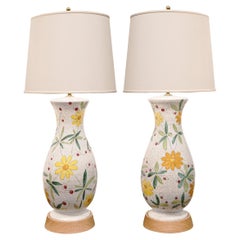 Vintage Italian Pair of Artisan Ceramic Table Lamps with Flower Motif 1950s