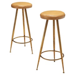 Italian Pair of Bar Stools in Patinated Brass and Leatherette