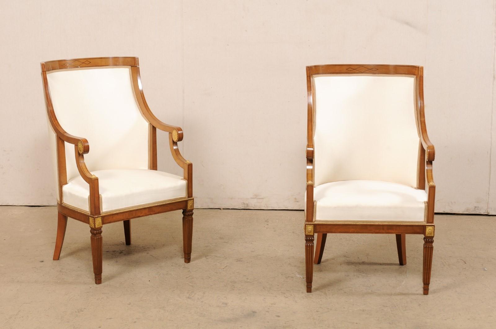 Upholstery Italian Pair of Barrel-Back Carved-Wood & Upholstered Armchairs Mid-20th Century For Sale