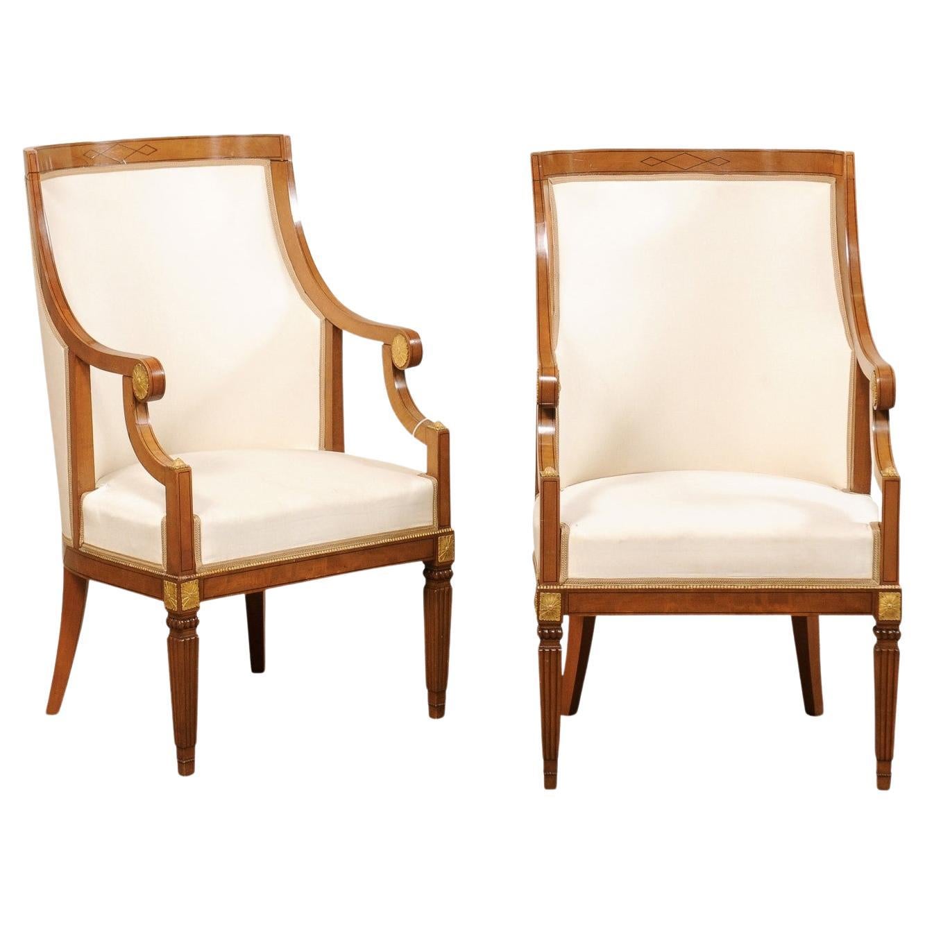 Italian Pair of Barrel-Back Carved-Wood & Upholstered Armchairs Mid-20th Century For Sale