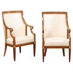 Italian Pair of Barrel-Back Carved-Wood & Upholstered Armchairs Mid-20th Century