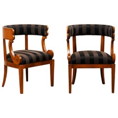Italian Pair of Barrel Back Chairs with Beautiful Volute-Carved Arm Supports