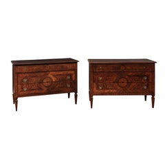 Italian Pair of Beautiful Marquetry Veneered Comodini, 19th Century