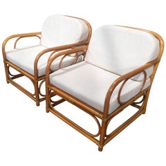Italian Pair of Bent Bamboo Armchairs with White Cushions from 1960s