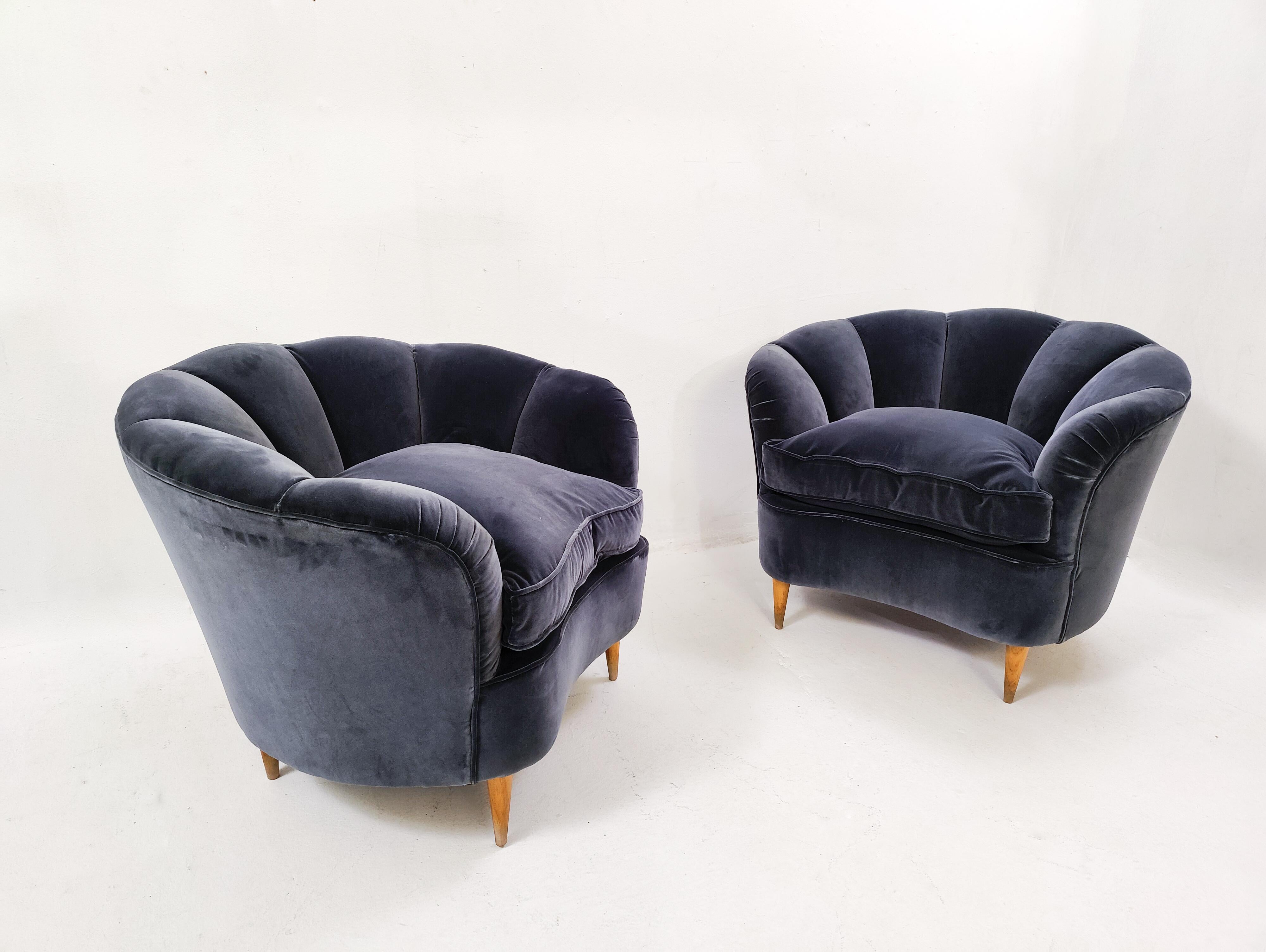 Pair of blue Italian armchairs, 1930s - new upholstery.