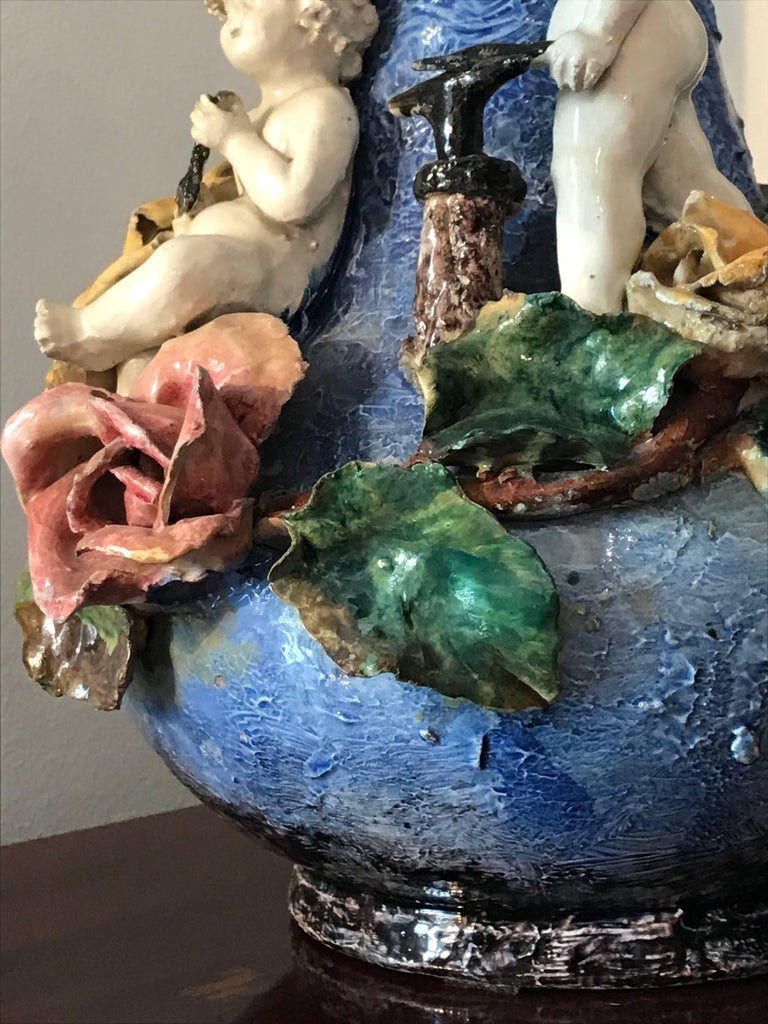 Pair of Italian Blue Pottery Vases with Putti Roses Belle Epoque