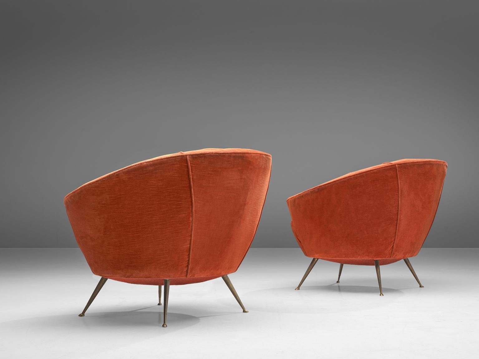Mid-Century Modern Italian Pair of Bold Club Chairs in Orange Velours