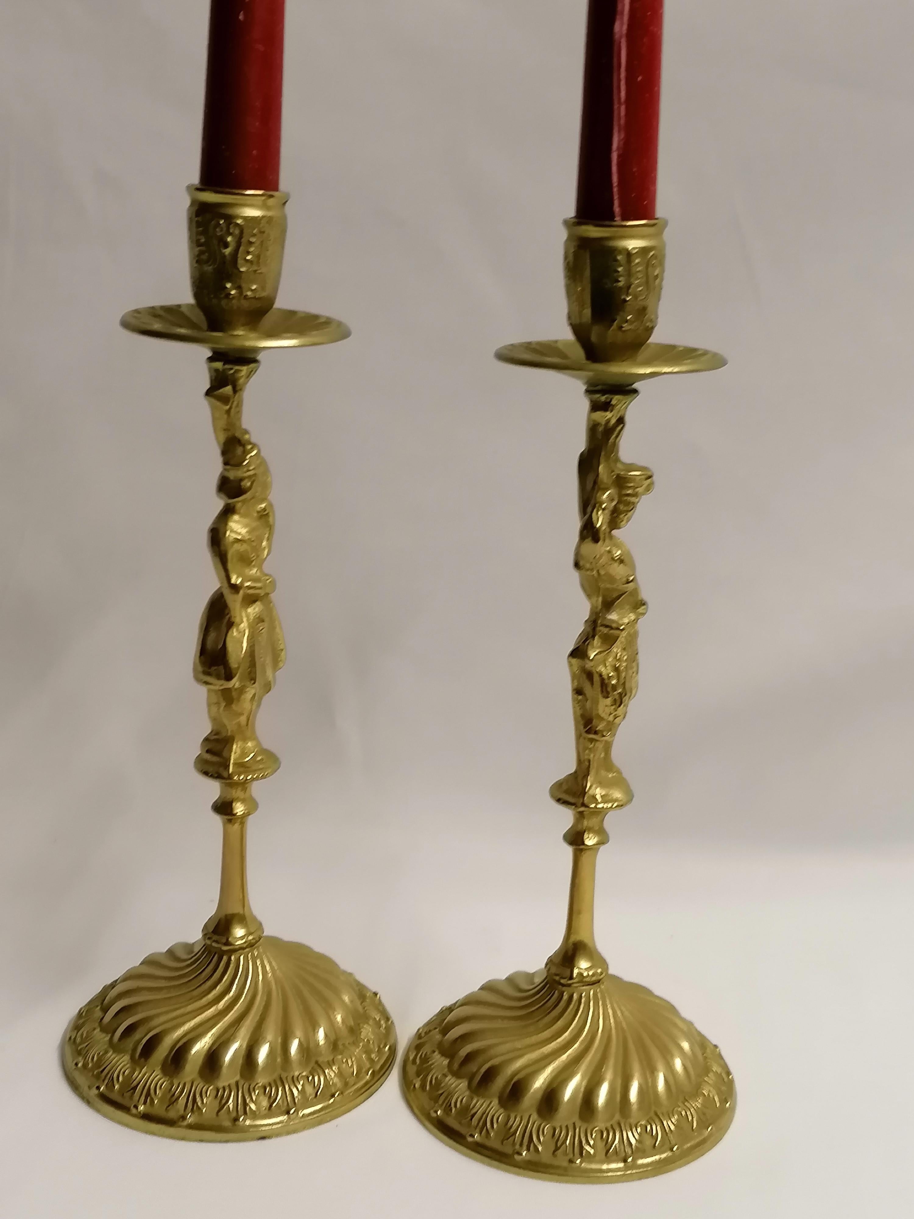 Baroque Italian Pair of Brass Candle Holder Candle - Stick Man & Woman Candlestick For Sale