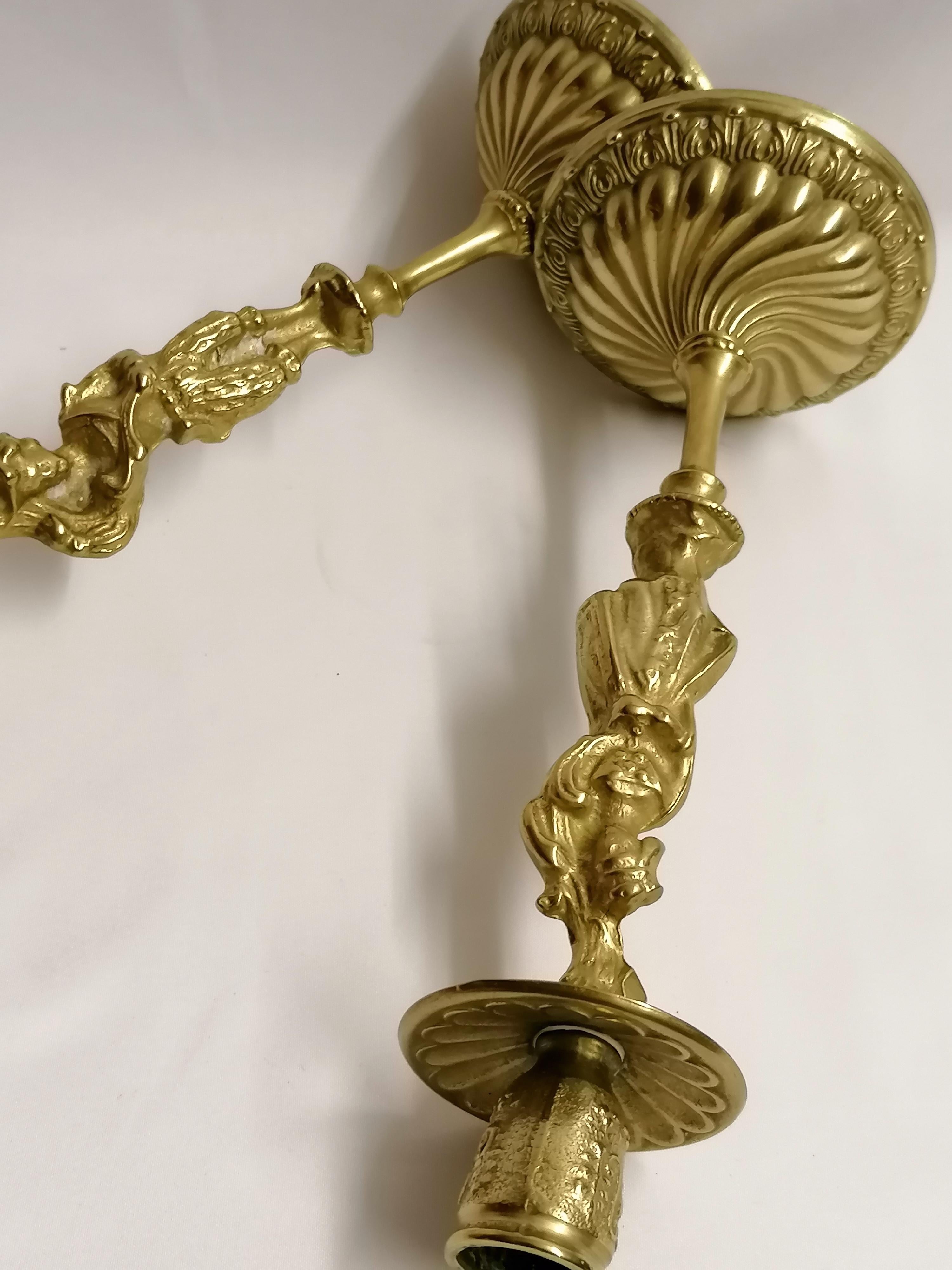 Gilt Italian Pair of Brass Candle Holder Candle - Stick Man & Woman Candlestick For Sale