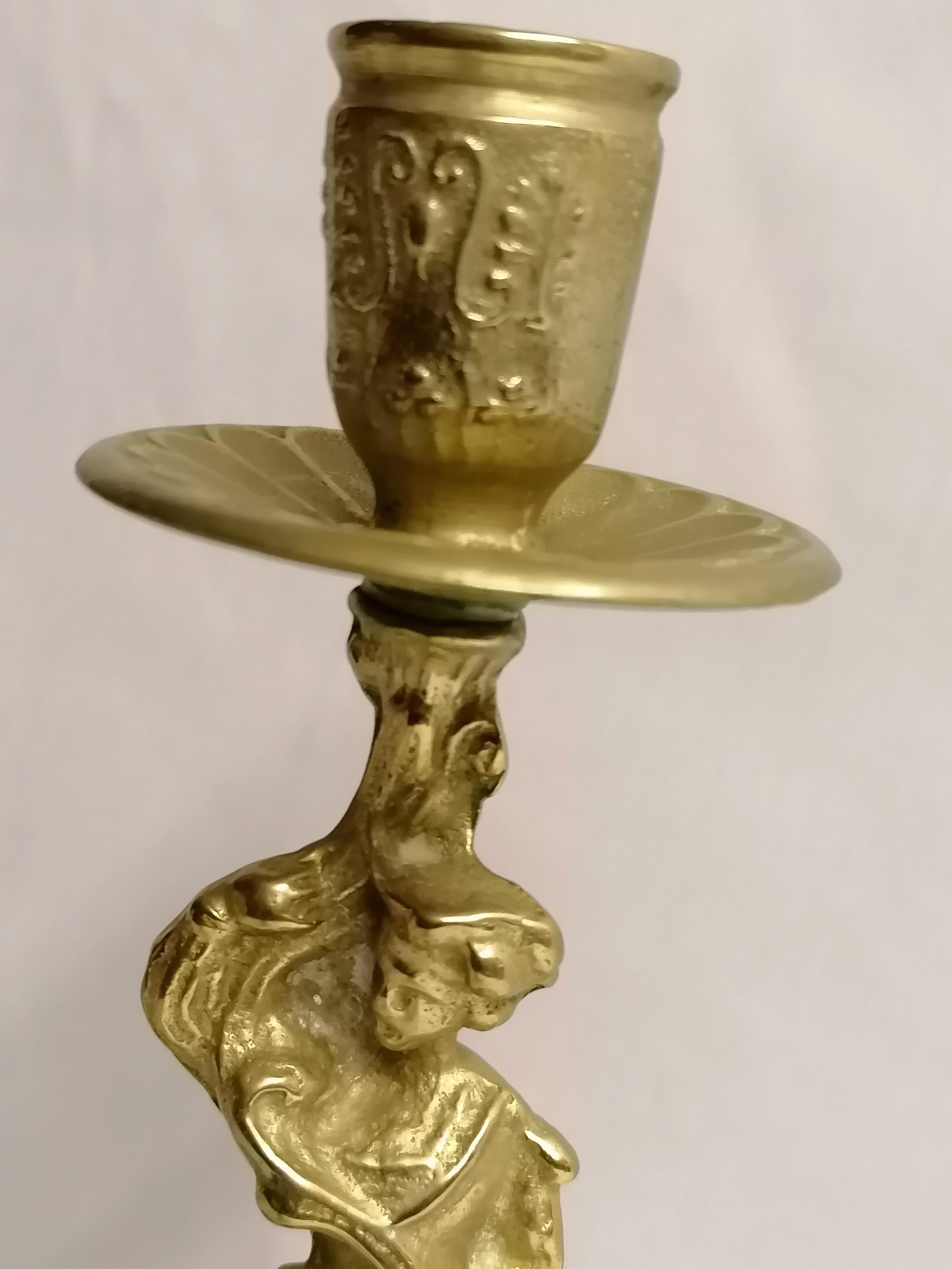 20th Century Italian Pair of Brass Candle Holder Candle - Stick Man & Woman Candlestick For Sale