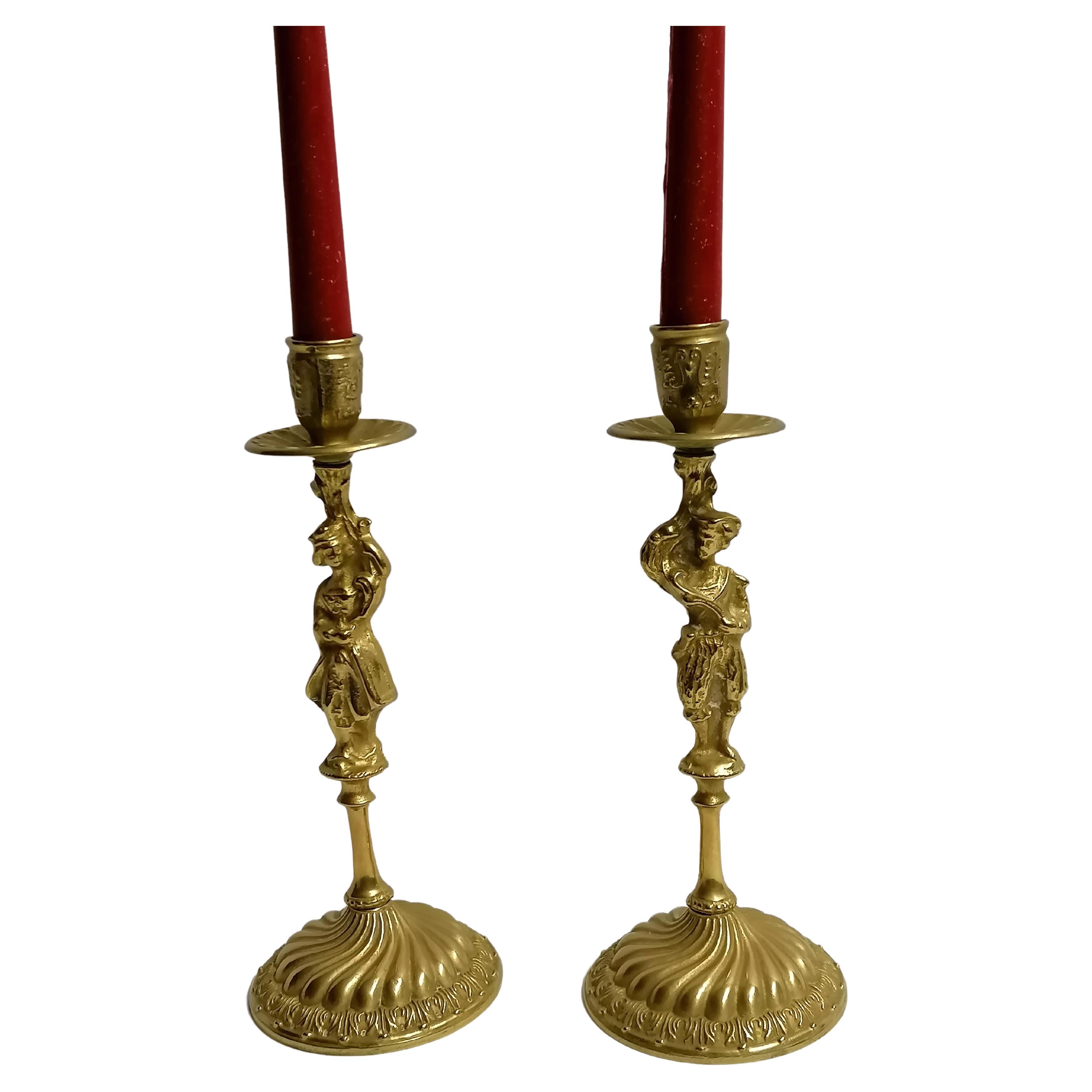 Italian Pair of Brass Candle Holder Candle - Stick Man & Woman Candlestick For Sale