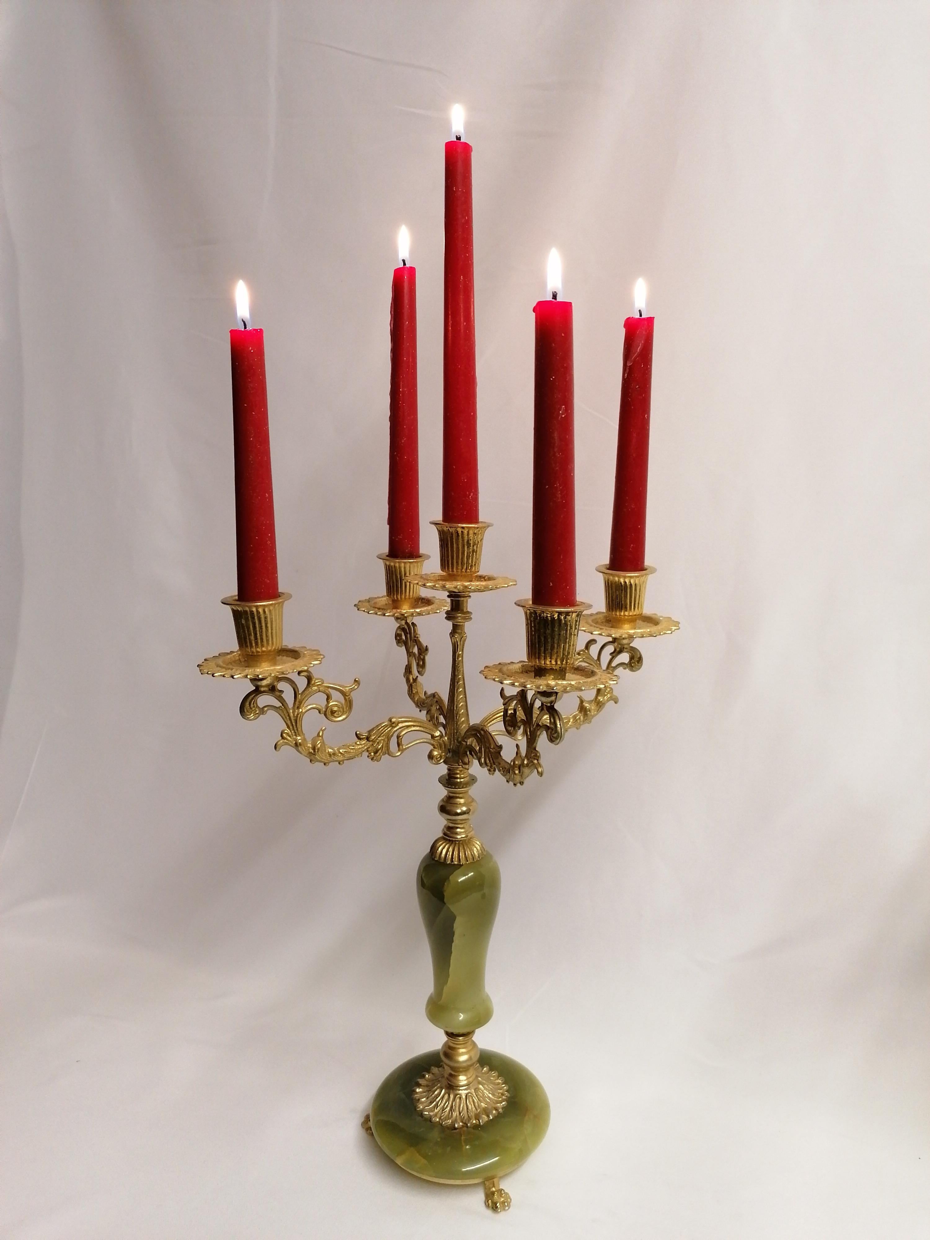 Art Nouveau Italian Pair of Brass & Green Marble Candelabra 5 Arms Candle Holder For Sale