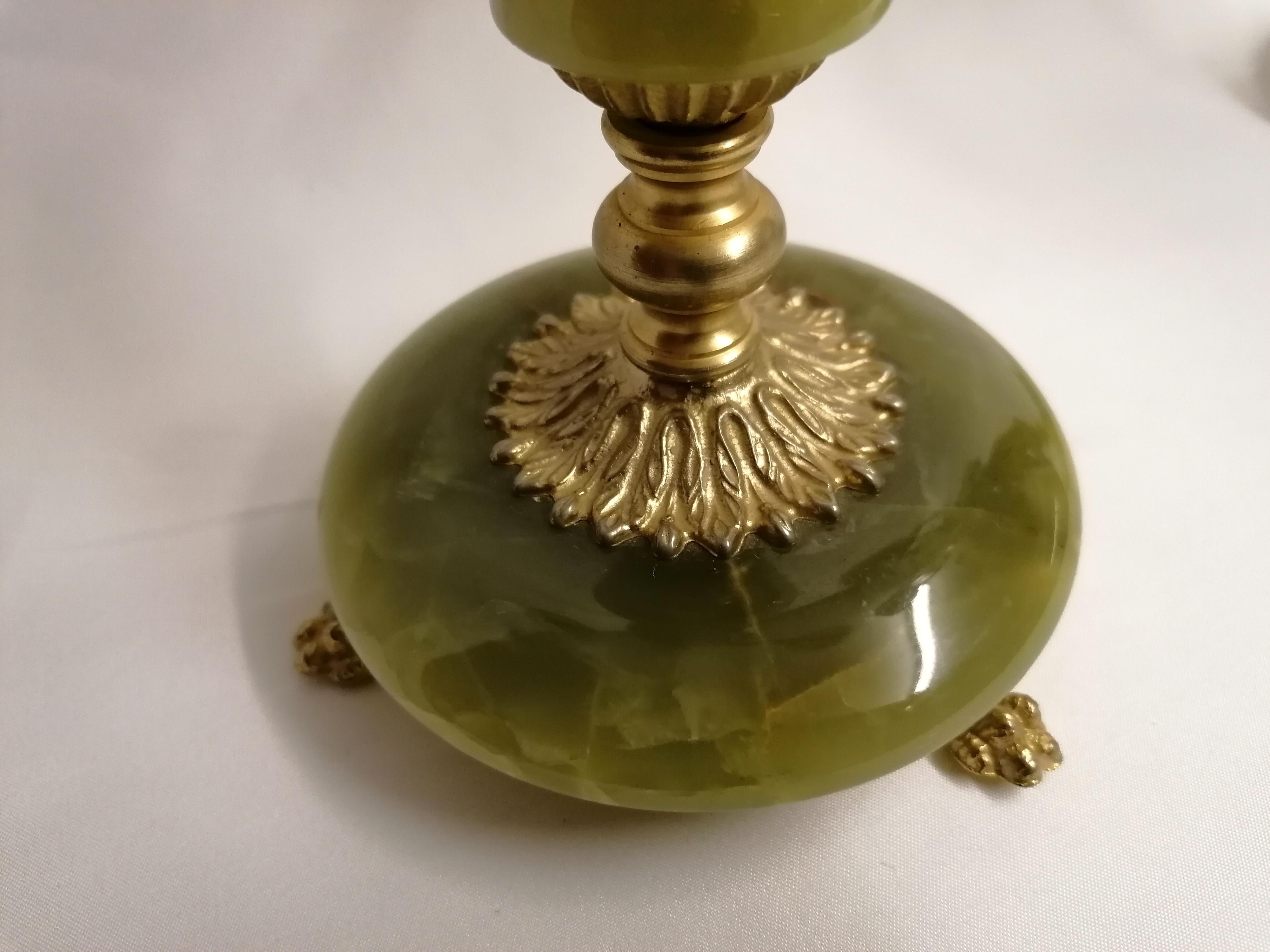 Italian Pair of Brass & Green Marble Candelabra 5 Arms Candle Holder In Good Condition For Sale In SITTINGBOURNE, Kent