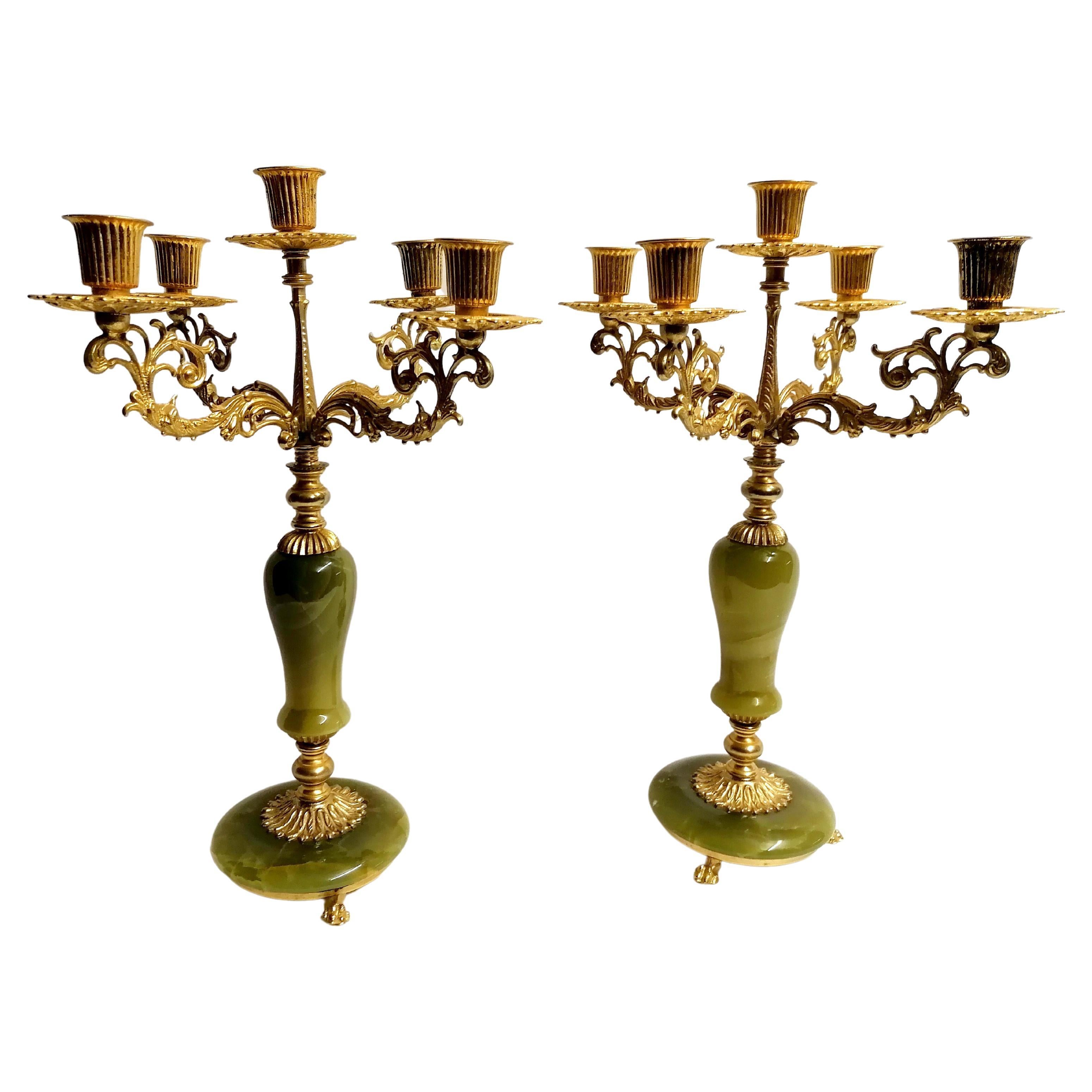 Italian Pair of Brass & Green Marble Candelabra 5 Arms Candle Holder For Sale