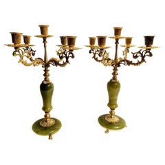 Italian Pair of Brass & Green Marble Candelabra 5 Arms Candle Holder