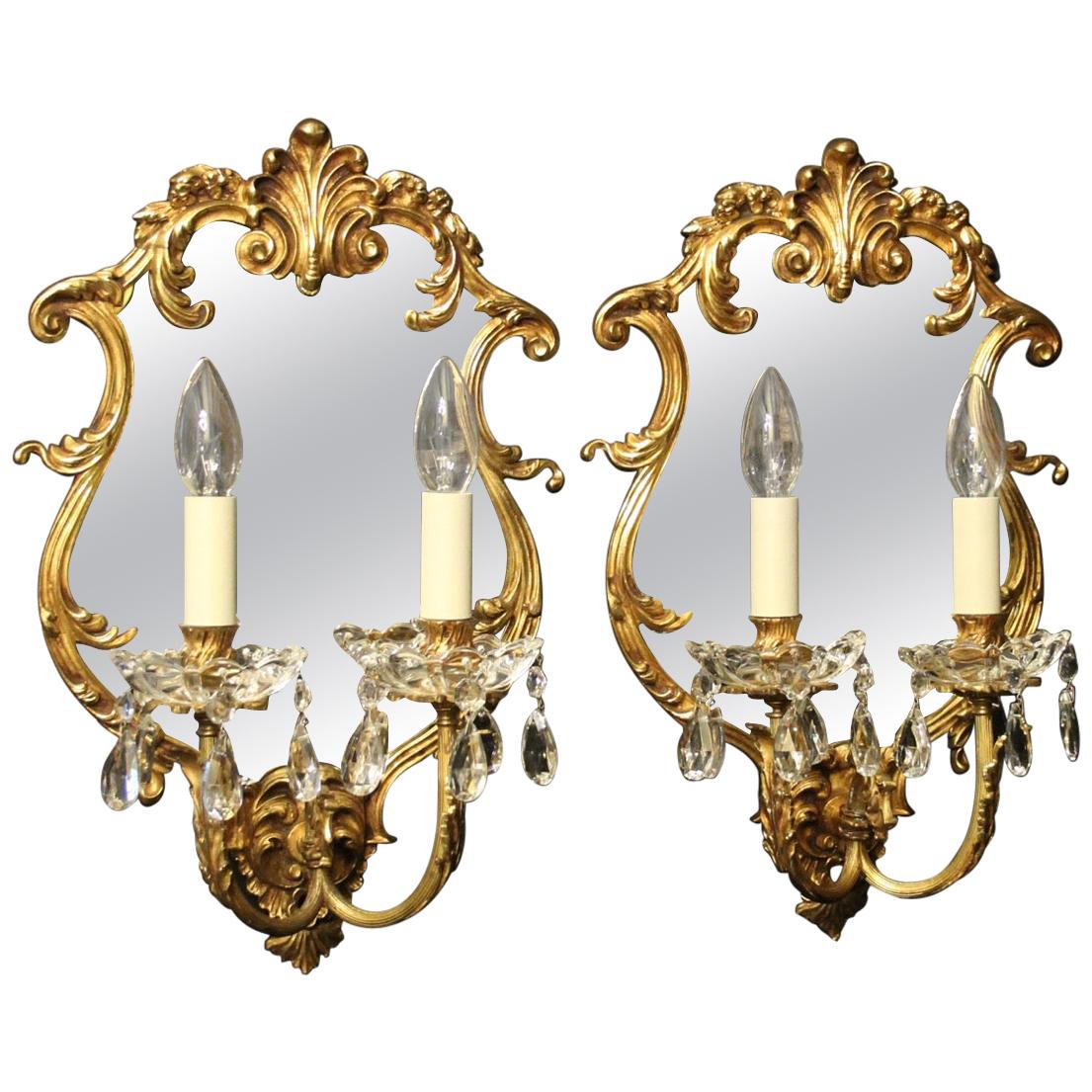 Italian Pair of Bronze and Crystal Antique Girandoles For Sale