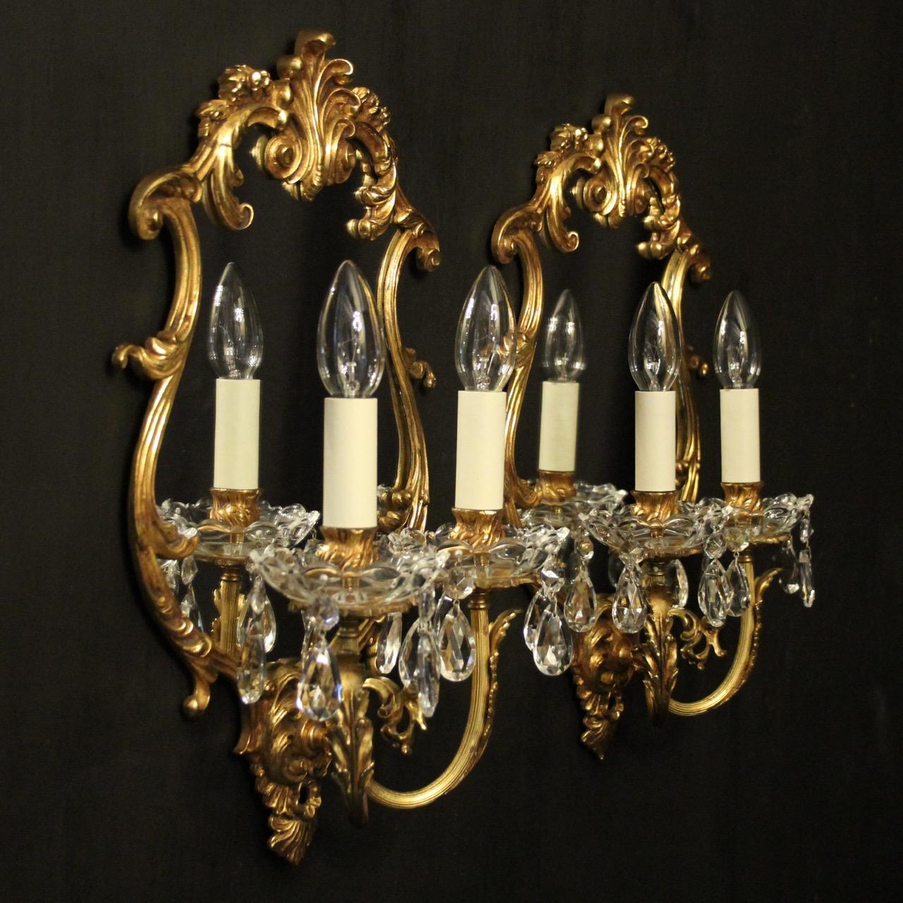 Italian Pair of Bronze and Crystal Antique Girandoles For Sale 3
