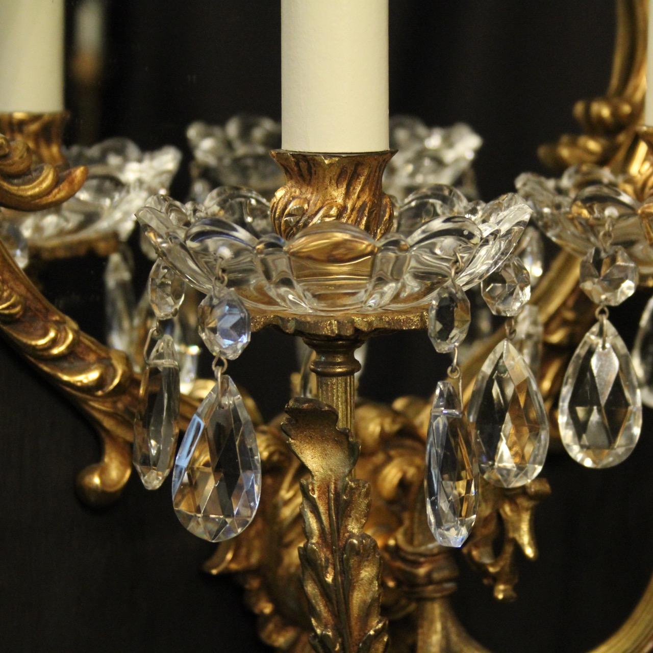 Rococo Italian Pair of Bronze and Crystal Antique Girandoles For Sale