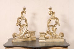 Italian Pair of Candle Holders, Scrolling Acanthus Leaf Design in Gold/Silver