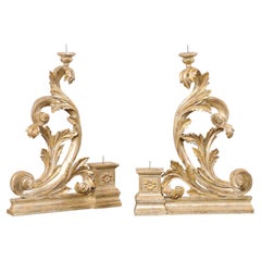 Italian Pair of Candle Holders, Scrolling Acanthus Leaf Design in Gold/Silver