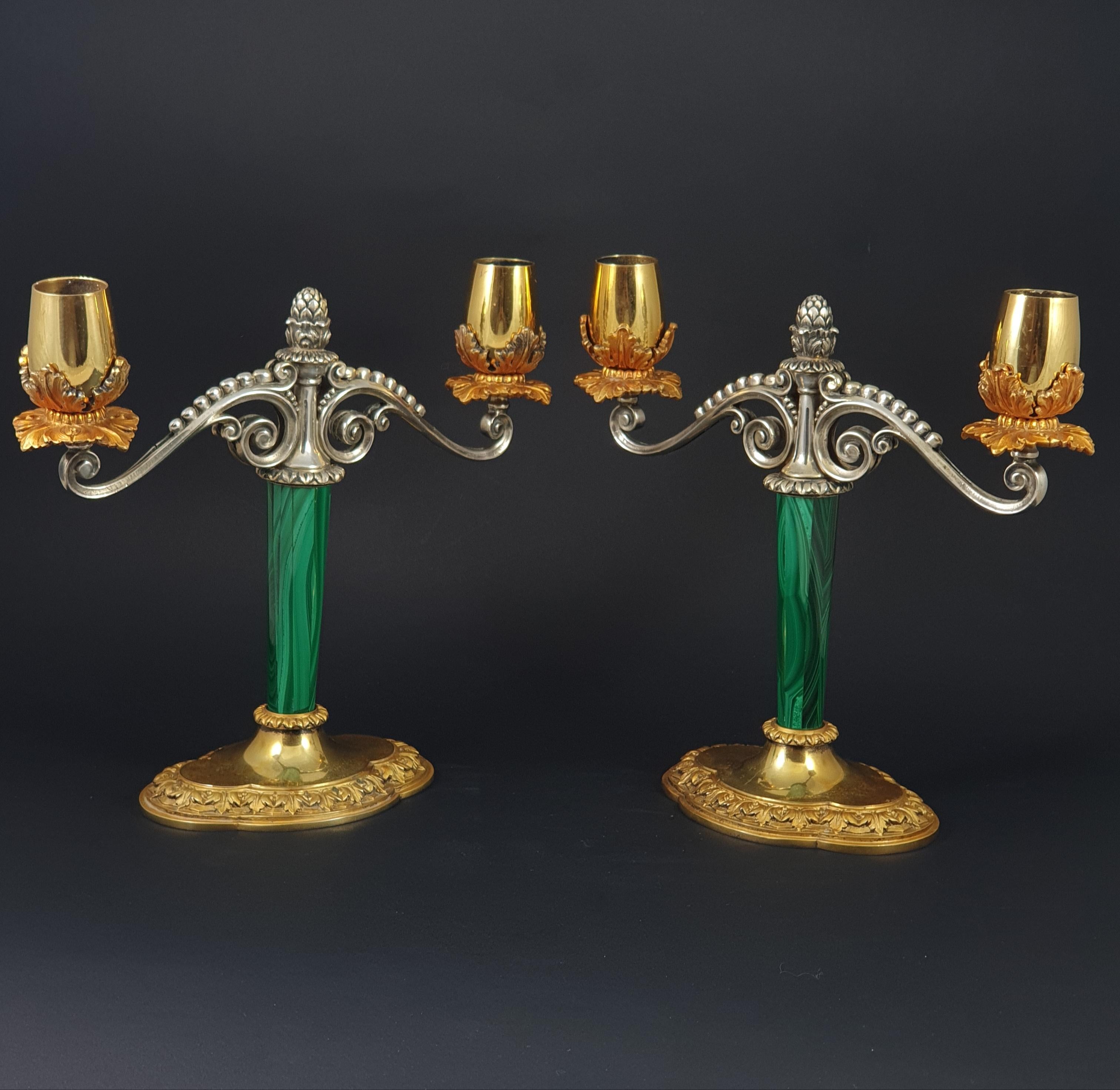 Italian Pair of Candlesticks in Solid Silver, Gilt and Malachite In Good Condition In Saint-Ouen, FR