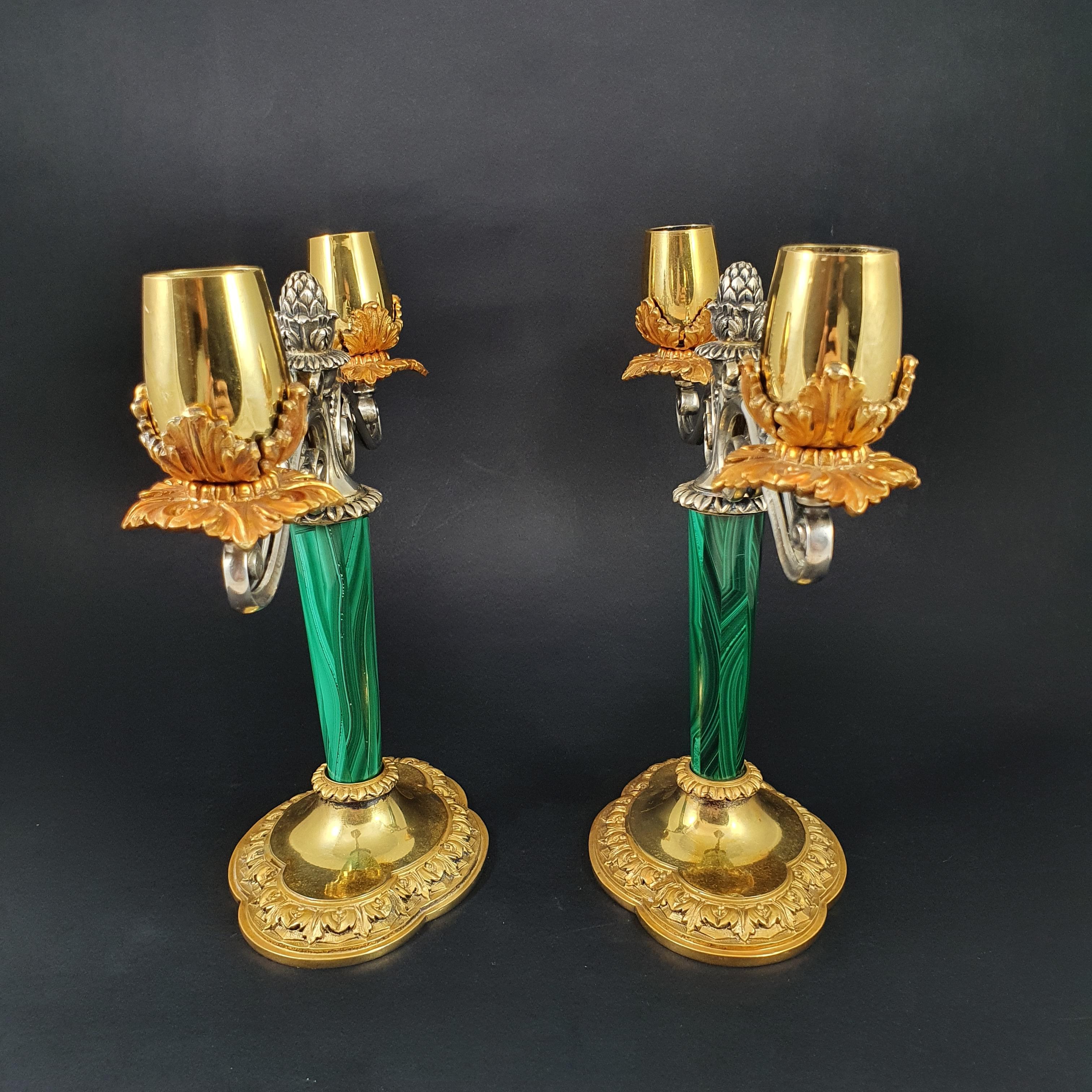 Late 20th Century Italian Pair of Candlesticks in Solid Silver, Gilt and Malachite