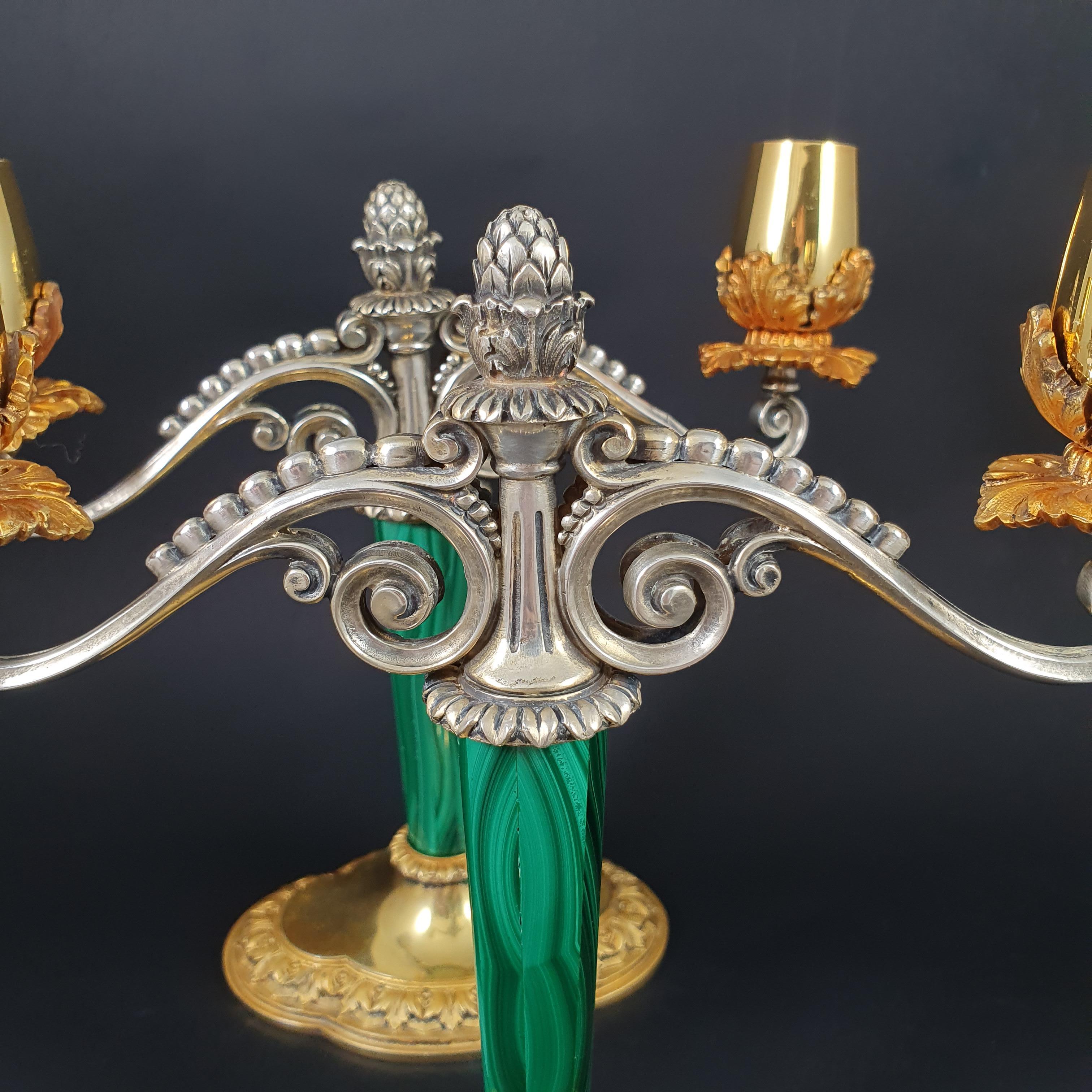 Italian Pair of Candlesticks in Solid Silver, Gilt and Malachite 1