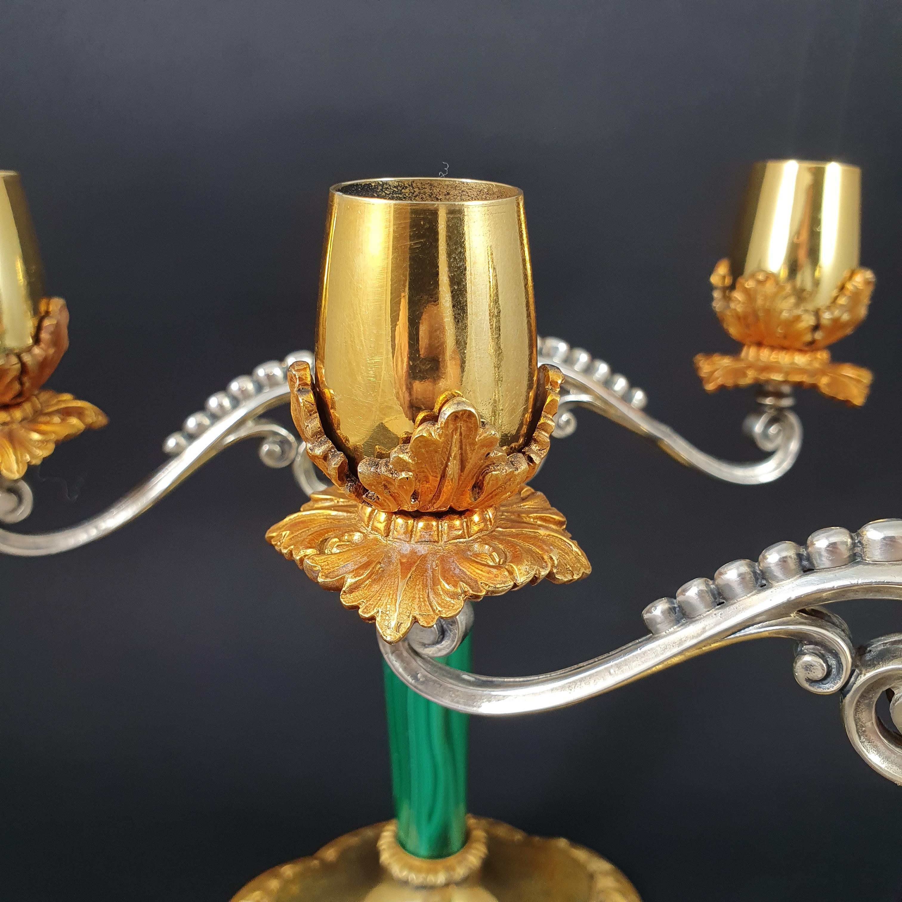 Italian Pair of Candlesticks in Solid Silver, Gilt and Malachite 2