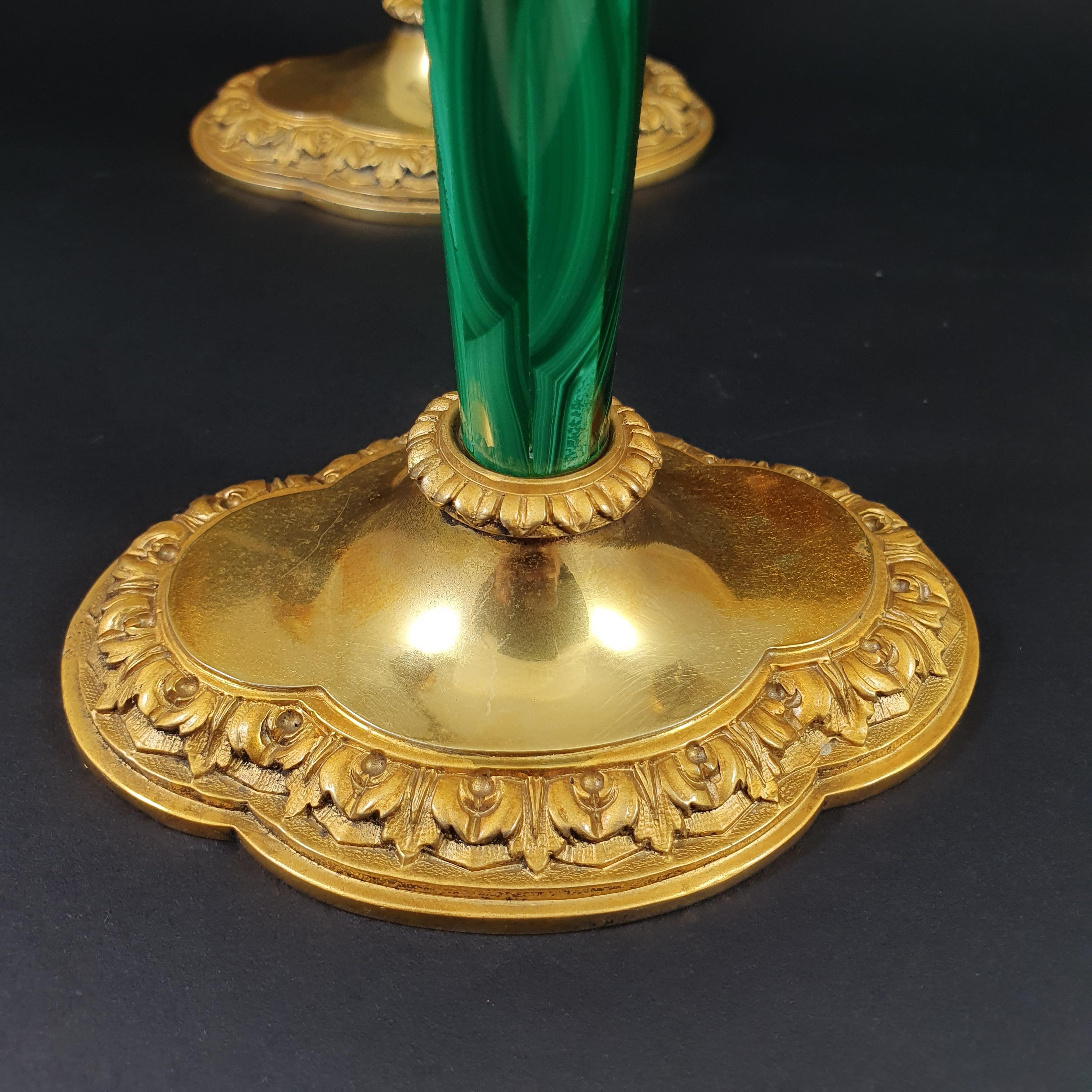 Italian Pair of Candlesticks in Solid Silver, Gilt and Malachite 3