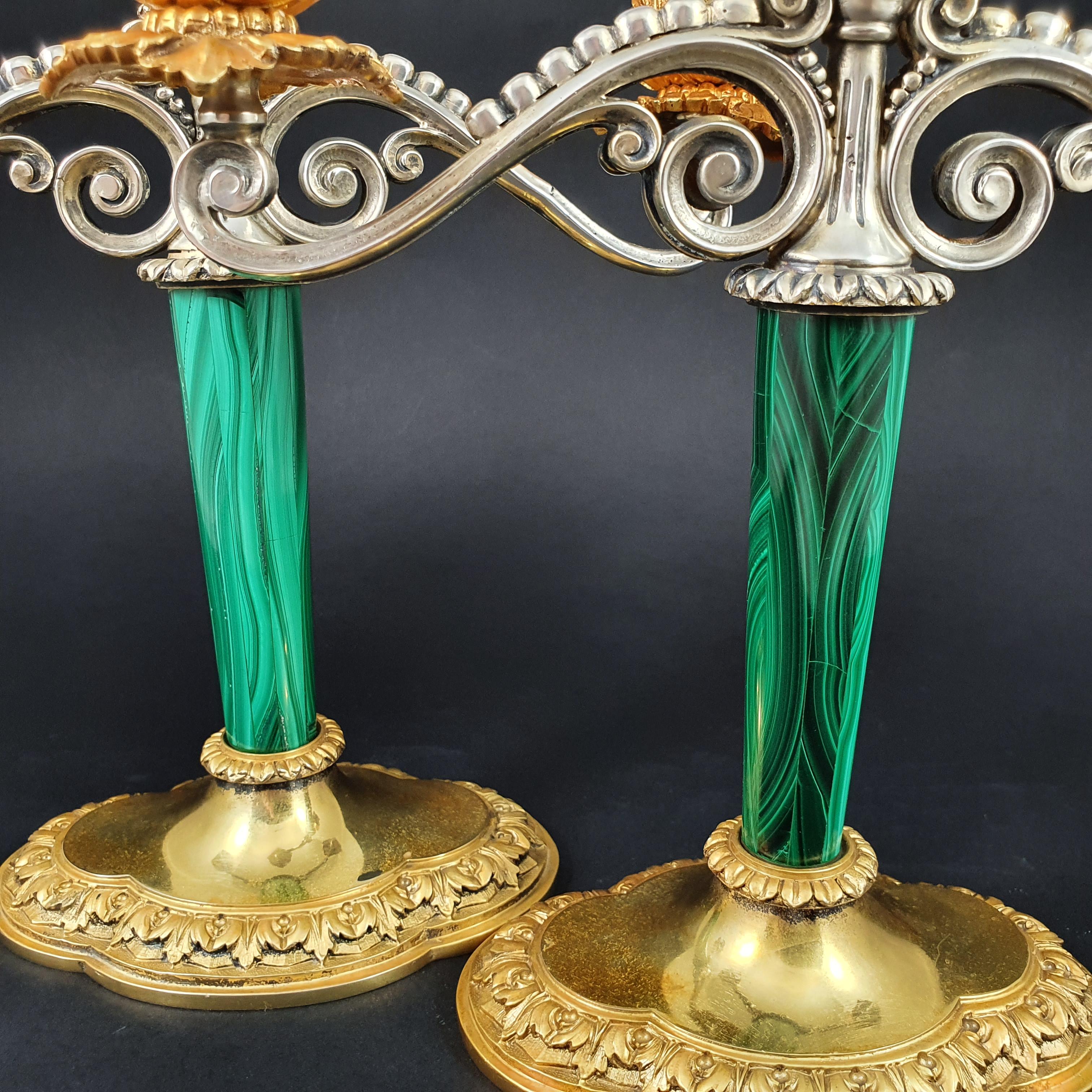 Italian Pair of Candlesticks in Solid Silver, Gilt and Malachite 4