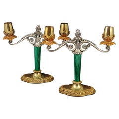 Italian Pair of Candlesticks in Solid Silver, Gilt and Malachite