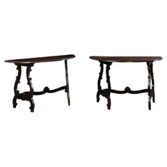 Italian Pair of Carved Lyre Leg Demi Lunes (Can Join for Center Table!), 19th C. Italian Pair of Carved Lyre Leg Demi Lunes (Can Join for Center Table!), 19th C.