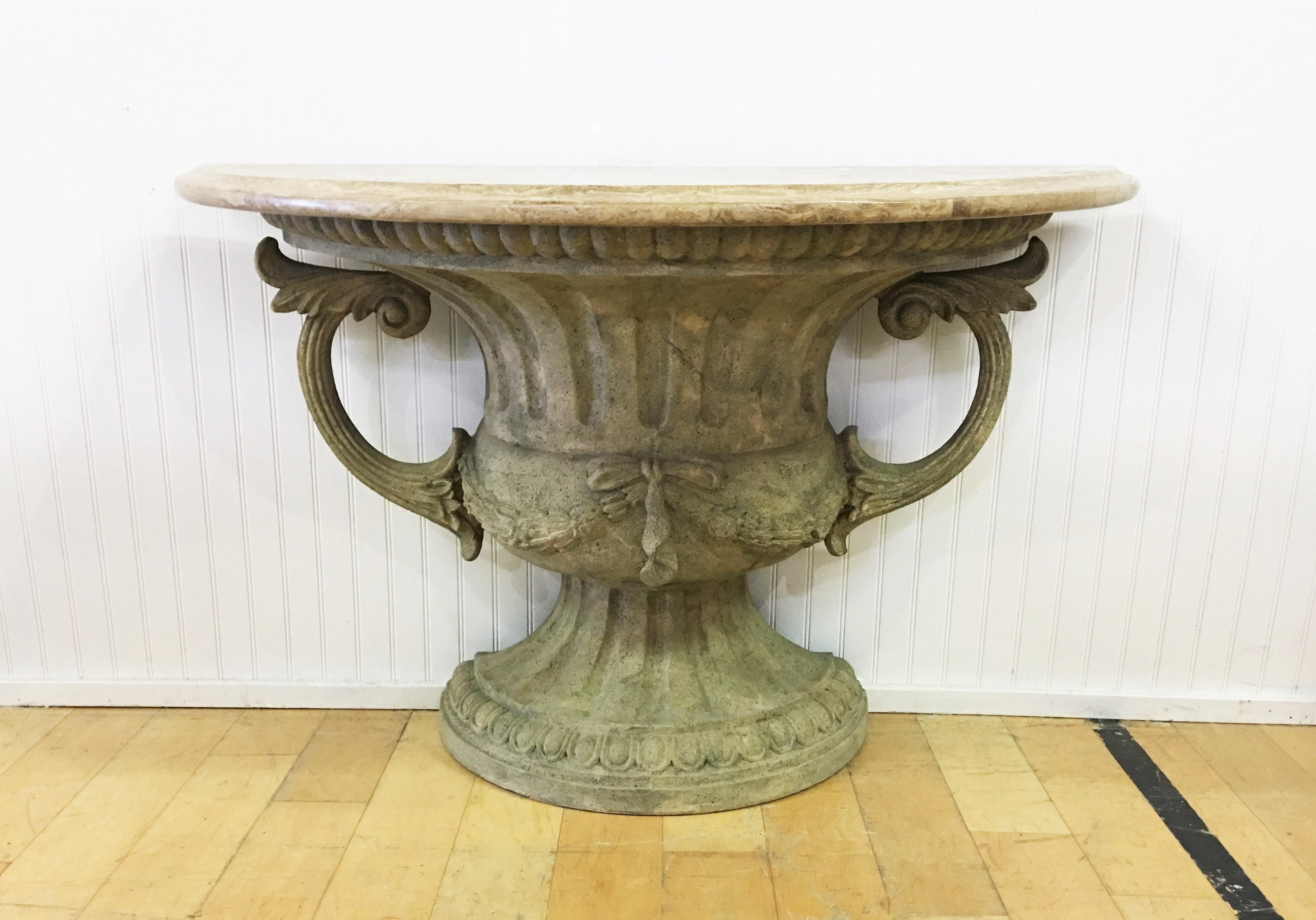 Made in the neoclassical taste! These console tables with intricately carved urn form pedestal bases, detailed carvings with demi-lune travertine marble-tops. The entire piece has a distressed painted finish with beautiful patina with age and use.