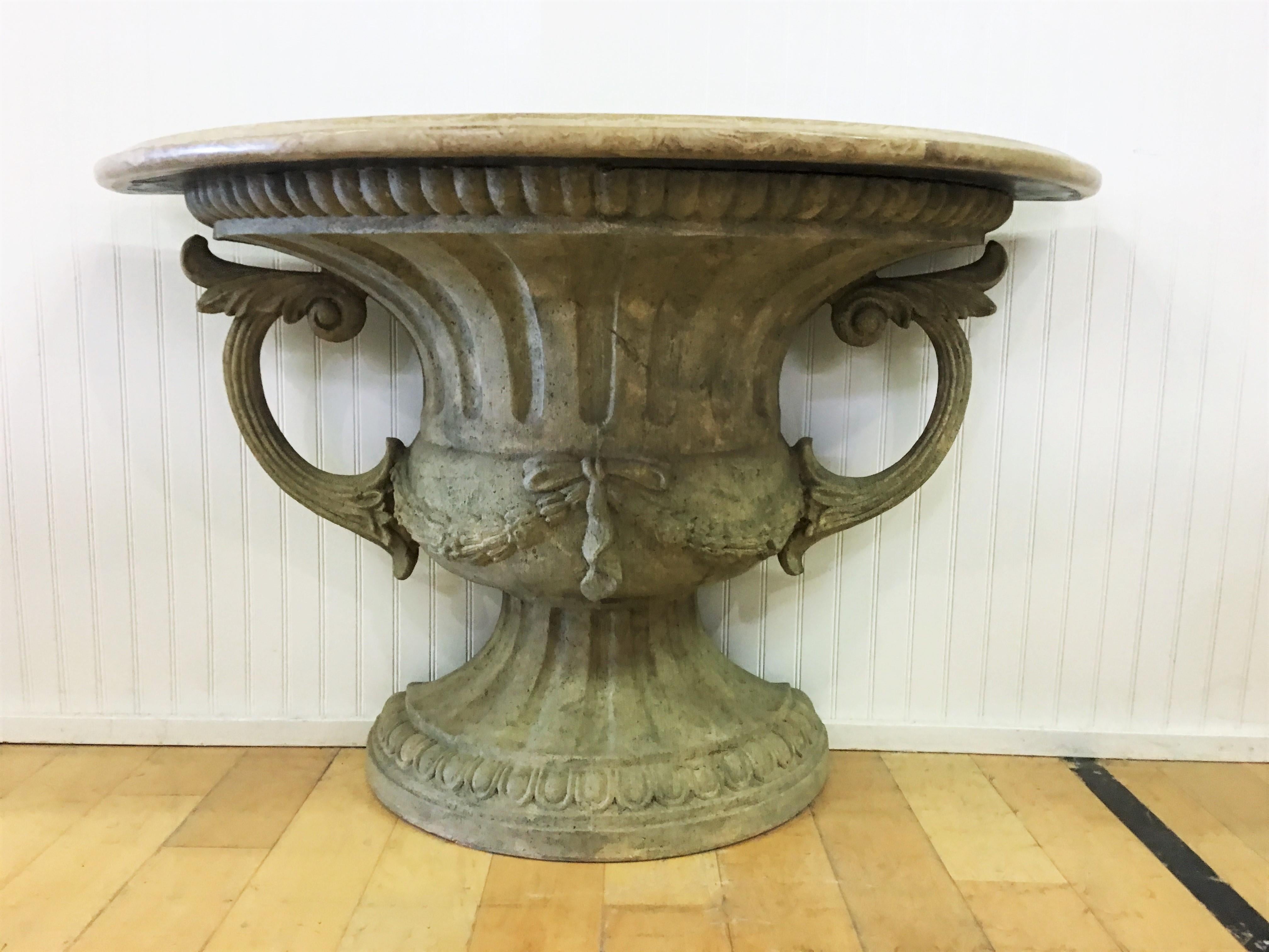 Italian Pair of Carved Urn Travertine Marble-Top Demi-lune Console Tables In Good Condition In Dallas, TX