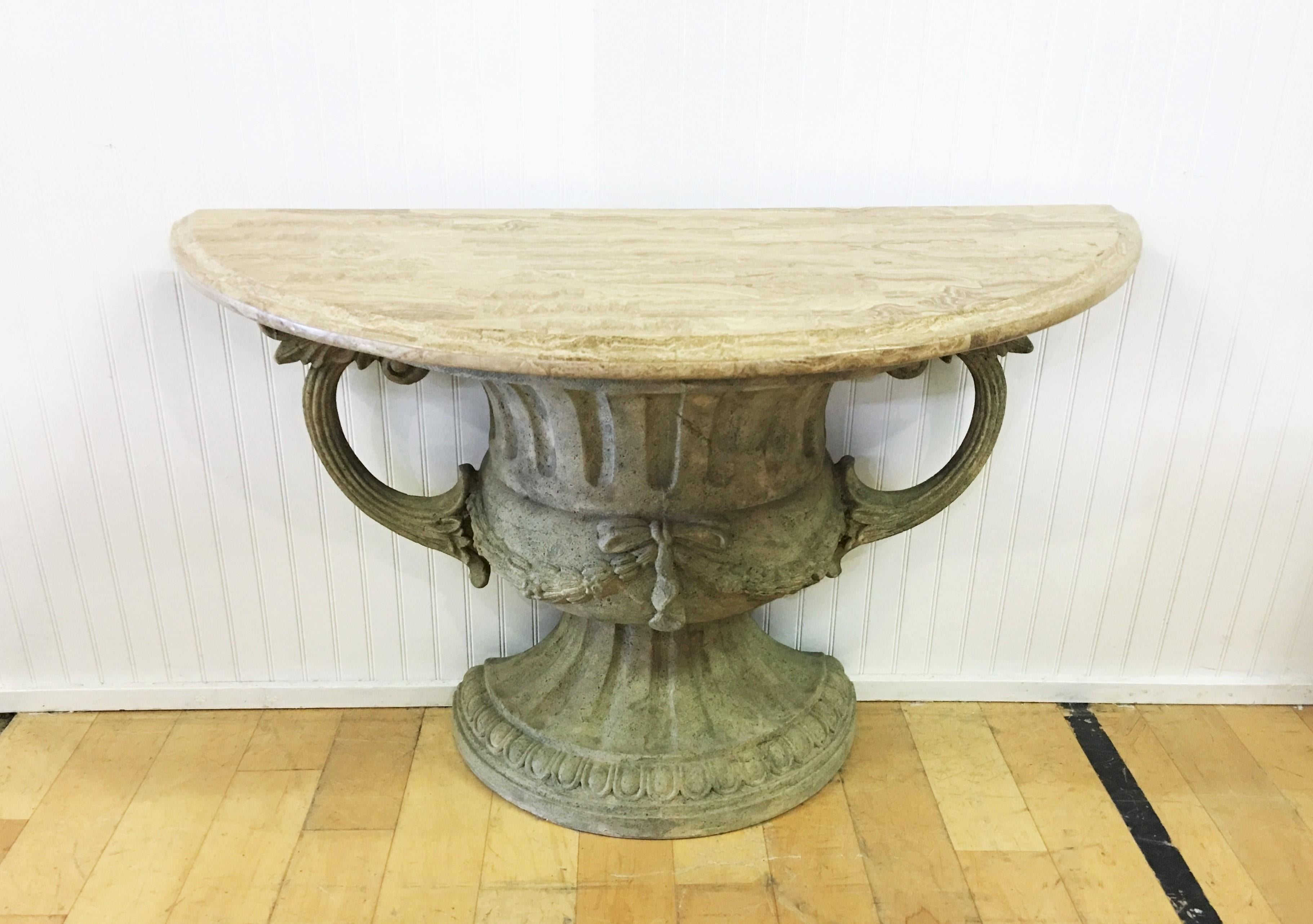 Italian Pair of Carved Urn Travertine Marble-Top Demi-lune Console Tables 2