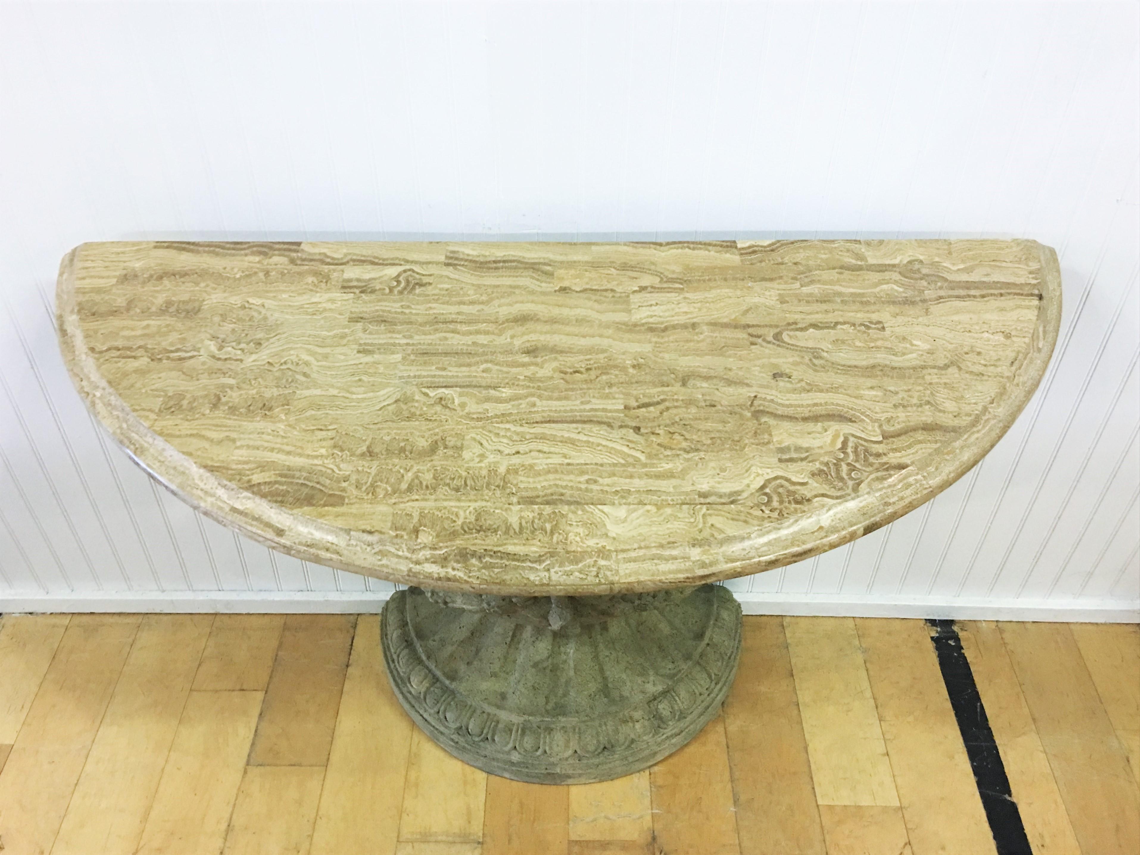 Italian Pair of Carved Urn Travertine Marble-Top Demi-lune Console Tables 3