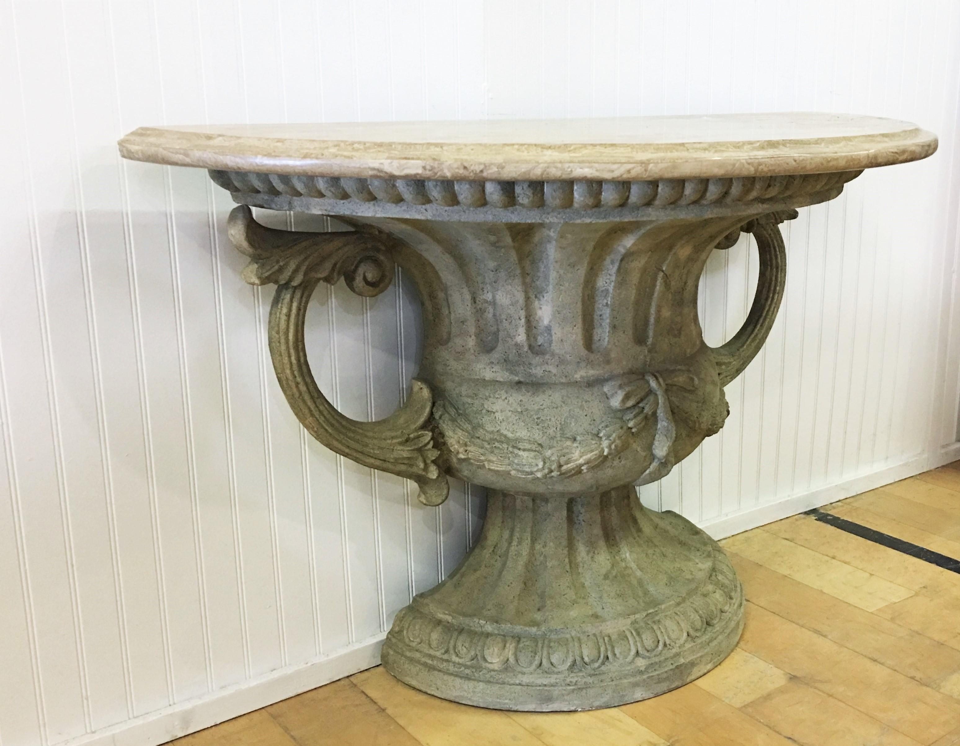 Italian Pair of Carved Urn Travertine Marble-Top Demi-lune Console Tables 4