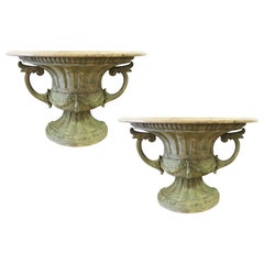 Italian Pair of Carved Urn Travertine Marble-Top Demi-lune Console Tables